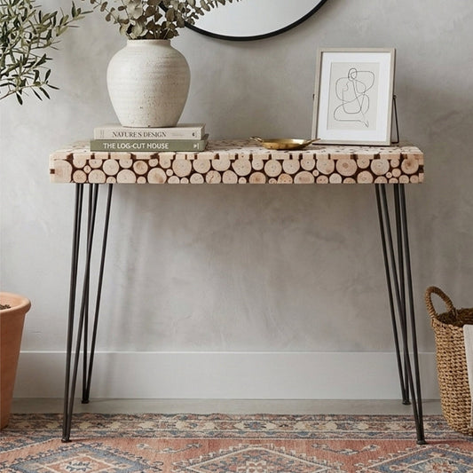 Lacuna Fir Wood Disc Mosaic Console Table | Luxury Home Accessories | Heulog Glow
