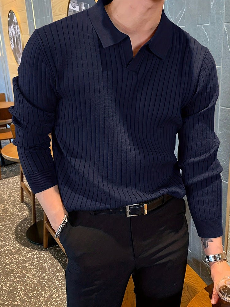 Lapel Texture Stretch Slim Knit Polo Shirt Men Polo Shirt Fashion Waffle Long-sleeved Tops Clothing Casual Comfortable Golf Men's Clothing | Luxury Home Accessories | Heulog Glow