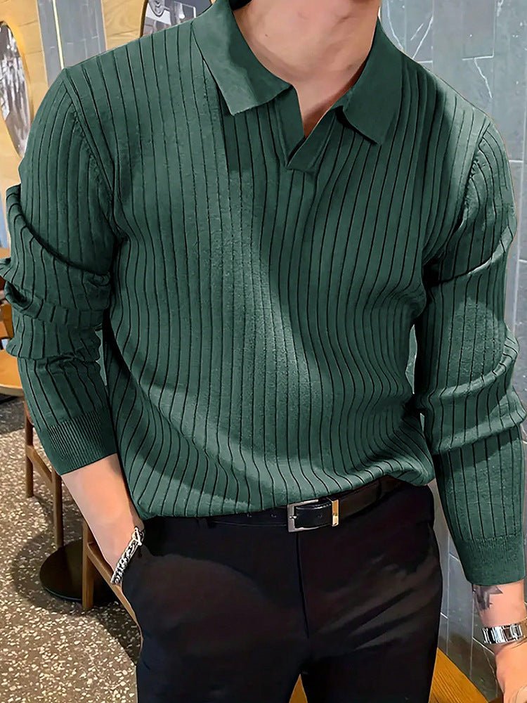 Lapel Texture Stretch Slim Knit Polo Shirt Men Polo Shirt Fashion Waffle Long-sleeved Tops Clothing Casual Comfortable Golf Men's Clothing | Luxury Home Accessories | Heulog Glow