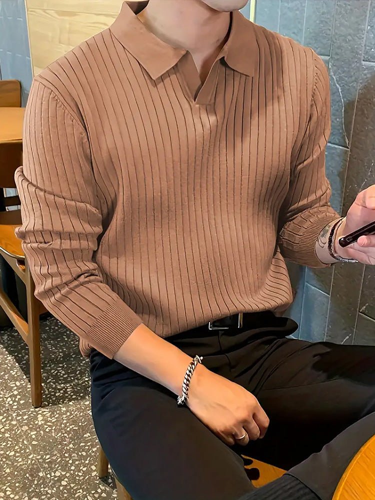 Lapel Texture Stretch Slim Knit Polo Shirt Men Polo Shirt Fashion Waffle Long-sleeved Tops Clothing Casual Comfortable Golf Men's Clothing | Luxury Home Accessories | Heulog Glow