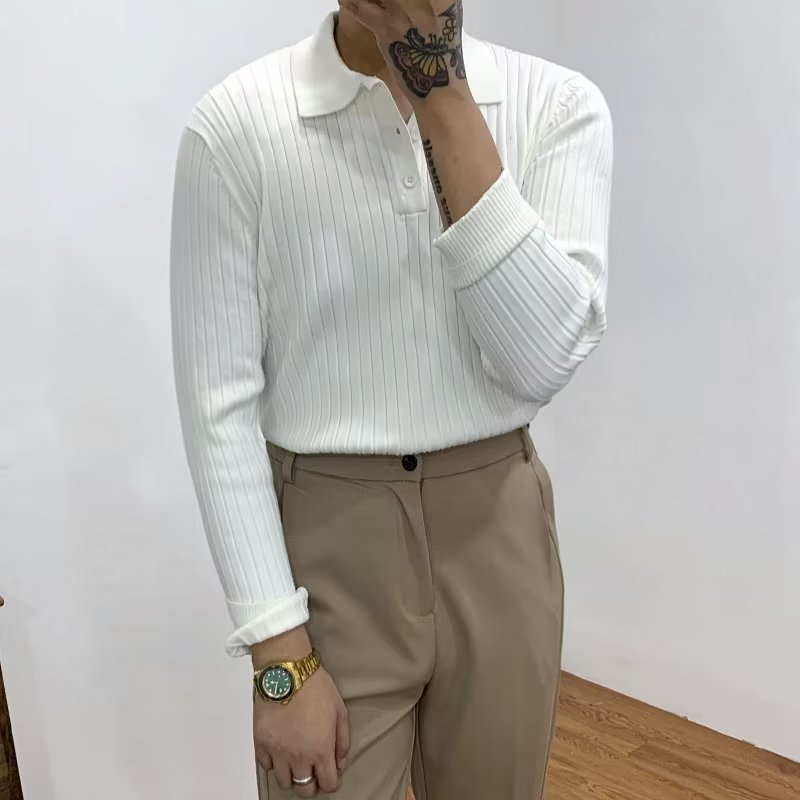 Lapel Texture Stretch Slim Knit Polo Shirt Men Polo Shirt Fashion Waffle Long-sleeved Tops Clothing Casual Comfortable Golf Men's Clothing | Luxury Home Accessories | Heulog Glow