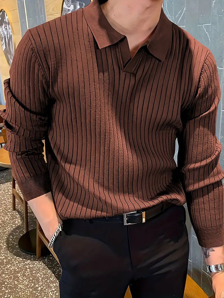 Lapel Texture Stretch Slim Knit Polo Shirt Men Polo Shirt Fashion Waffle Long-sleeved Tops Clothing Casual Comfortable Golf Men's Clothing | Luxury Home Accessories | Heulog Glow