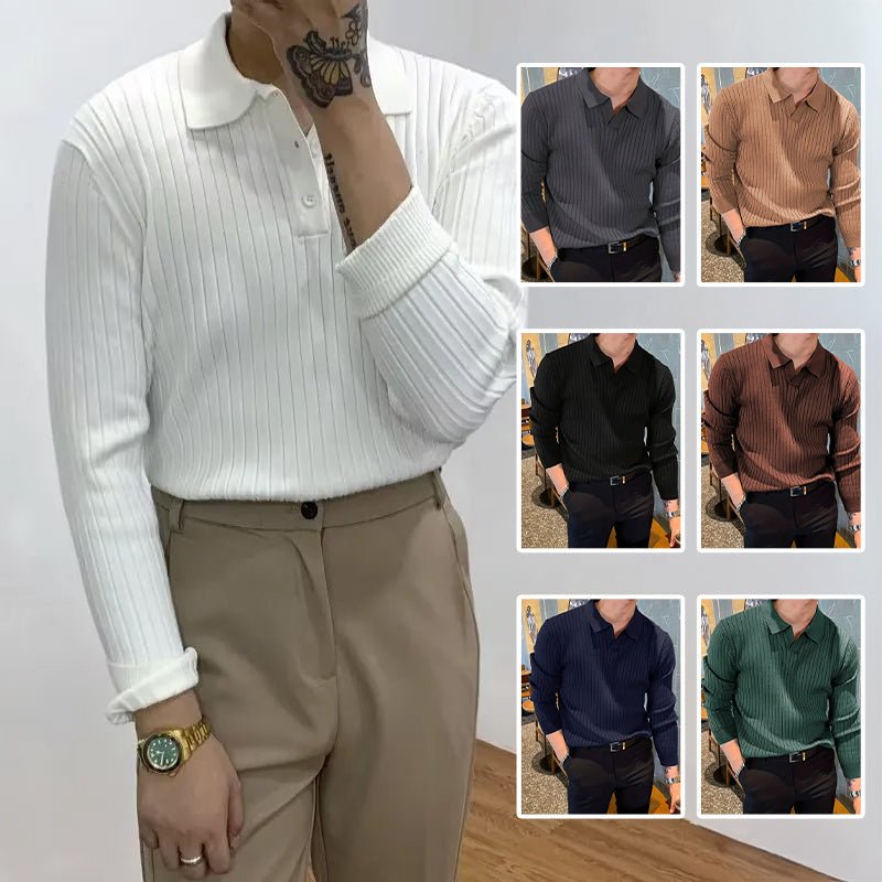 Lapel Texture Stretch Slim Knit Polo Shirt Men Polo Shirt Fashion Waffle Long-sleeved Tops Clothing Casual Comfortable Golf Men's Clothing | Luxury Home Accessories | Heulog Glow
