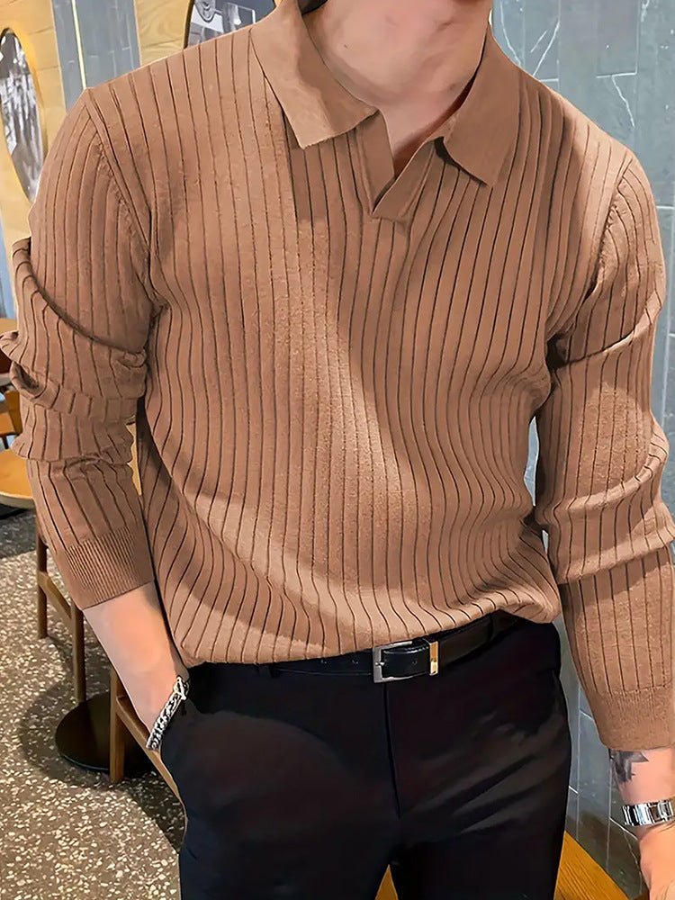 Lapel Texture Stretch Slim Knit Polo Shirt Men Polo Shirt Fashion Waffle Long-sleeved Tops Clothing Casual Comfortable Golf Men's Clothing | Luxury Home Accessories | Heulog Glow
