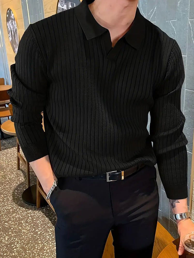 Lapel Texture Stretch Slim Knit Polo Shirt Men Polo Shirt Fashion Waffle Long-sleeved Tops Clothing Casual Comfortable Golf Men's Clothing | Luxury Home Accessories | Heulog Glow