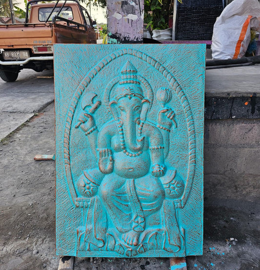 Large Ganpati Iron Frame Turquoise Relief - 0.7x1m | Luxury Home Accessories | Heulog Glow