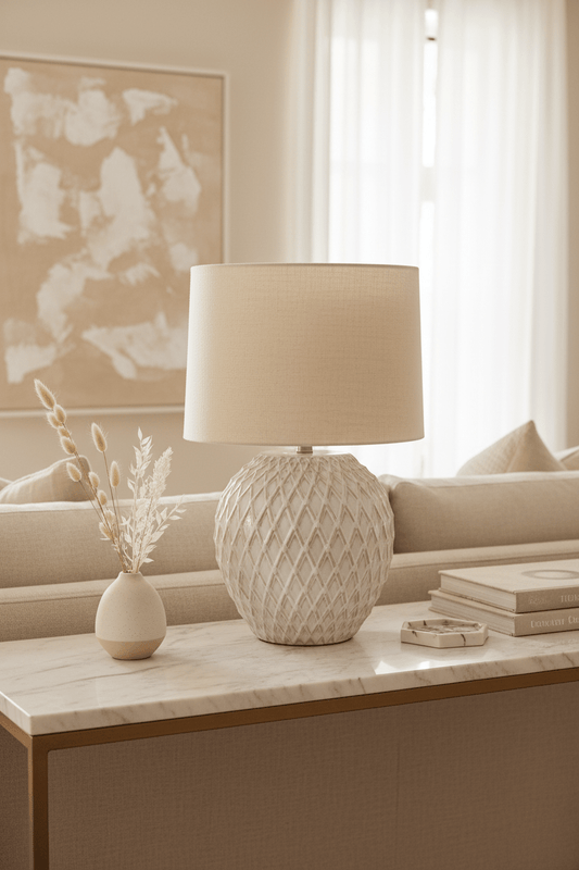 Lattice Ceramic Table Lamp With Linen Shade | Luxury Home Accessories | Heulog Glow