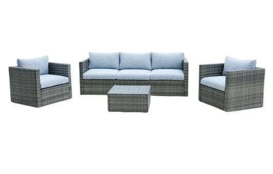 Lima 5 Seater Grey Polyrattan Garden Sofa Set Bundle with Armchair, Coffee Table & Protective Cover | Luxury Home Accessories | Heulog Glow