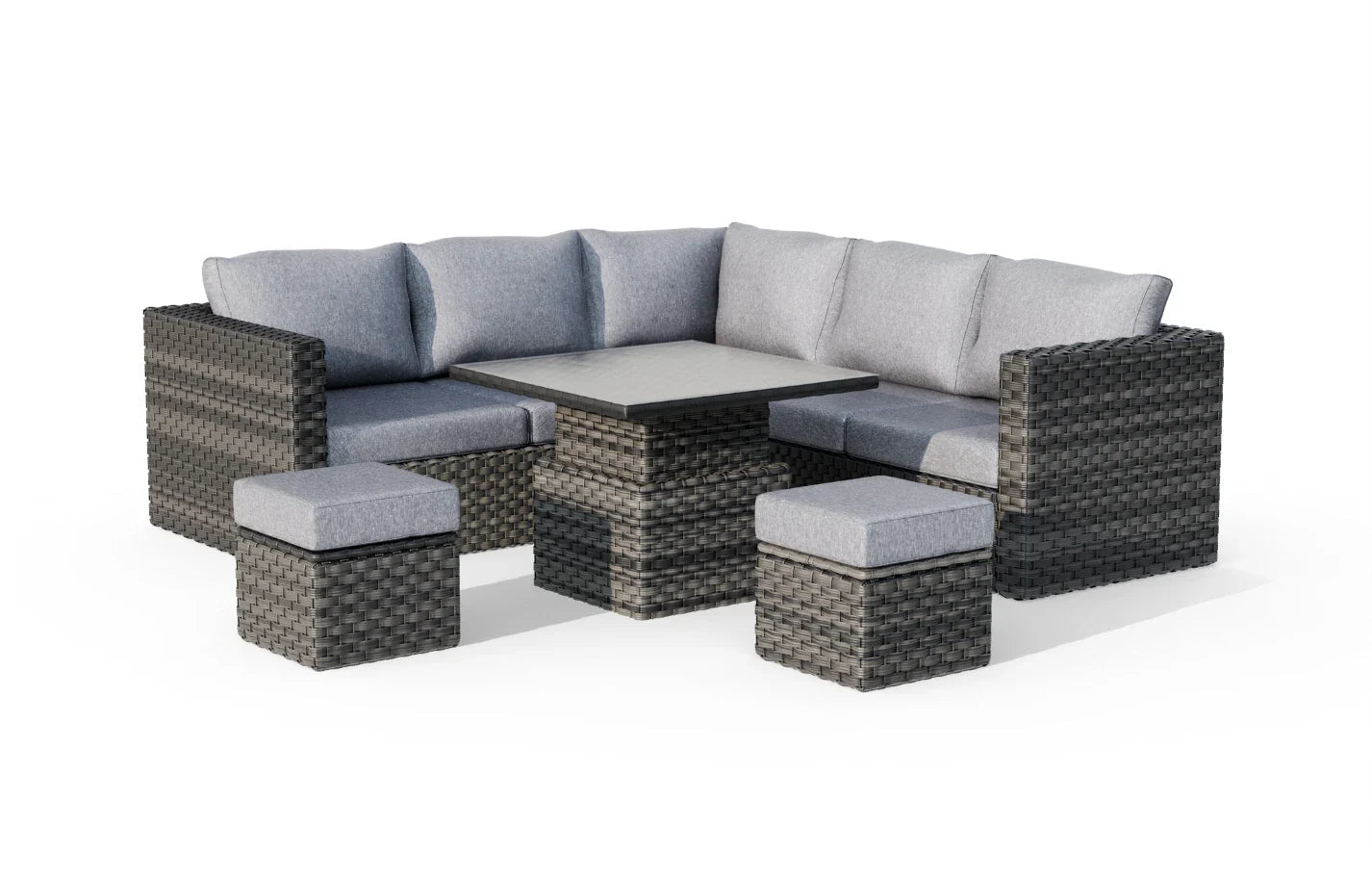 Lima 7-Seater Rattan Garden Corner Sofa Set | Height-Adjustable Table, Stools & Protective Cover | Luxury Home Accessories | Heulog Glow