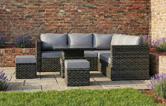 Lima 7-Seater Rattan Garden Corner Sofa Set | Height-Adjustable Table, Stools & Protective Cover | Luxury Home Accessories | Heulog Glow