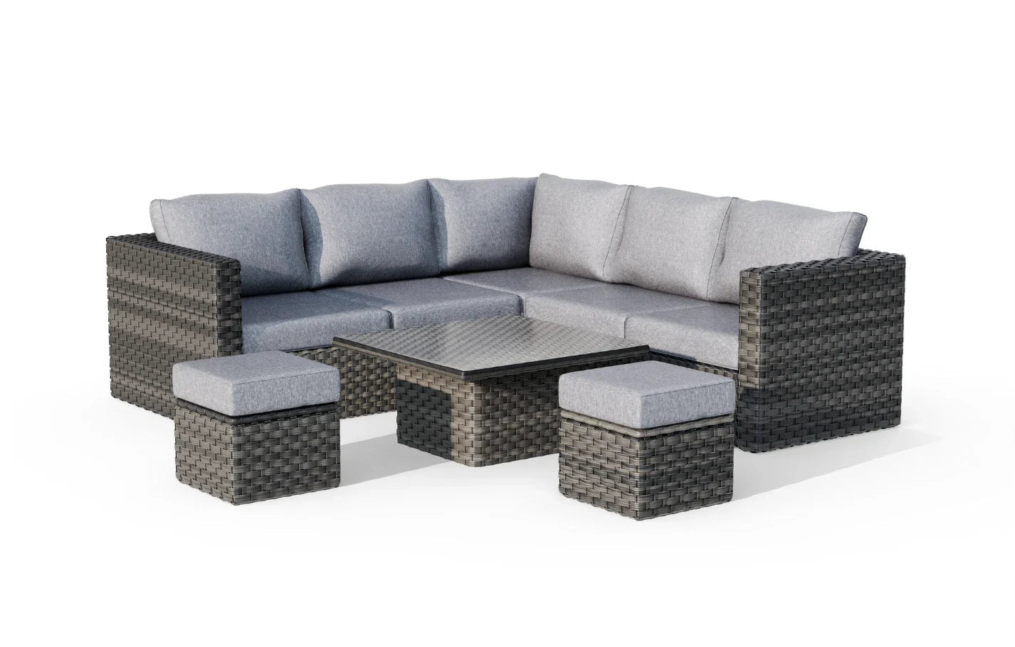 Lima 7-Seater Rattan Garden Corner Sofa Set | Height-Adjustable Table, Stools & Protective Cover | Luxury Home Accessories | Heulog Glow