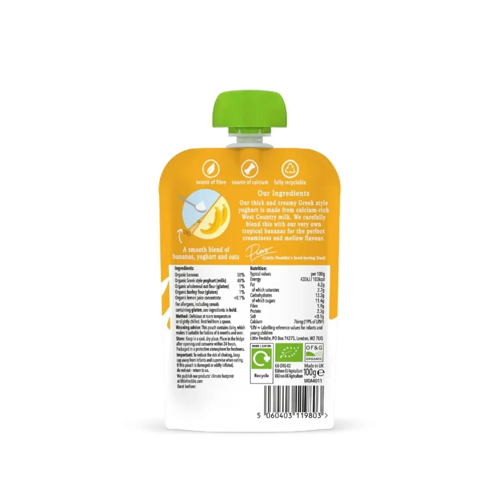 Little Freddie Organic Banana Greek Style Yoghurt Baby Food Pouch 6+ months 100g | Luxury Home Accessories | Heulog Glow