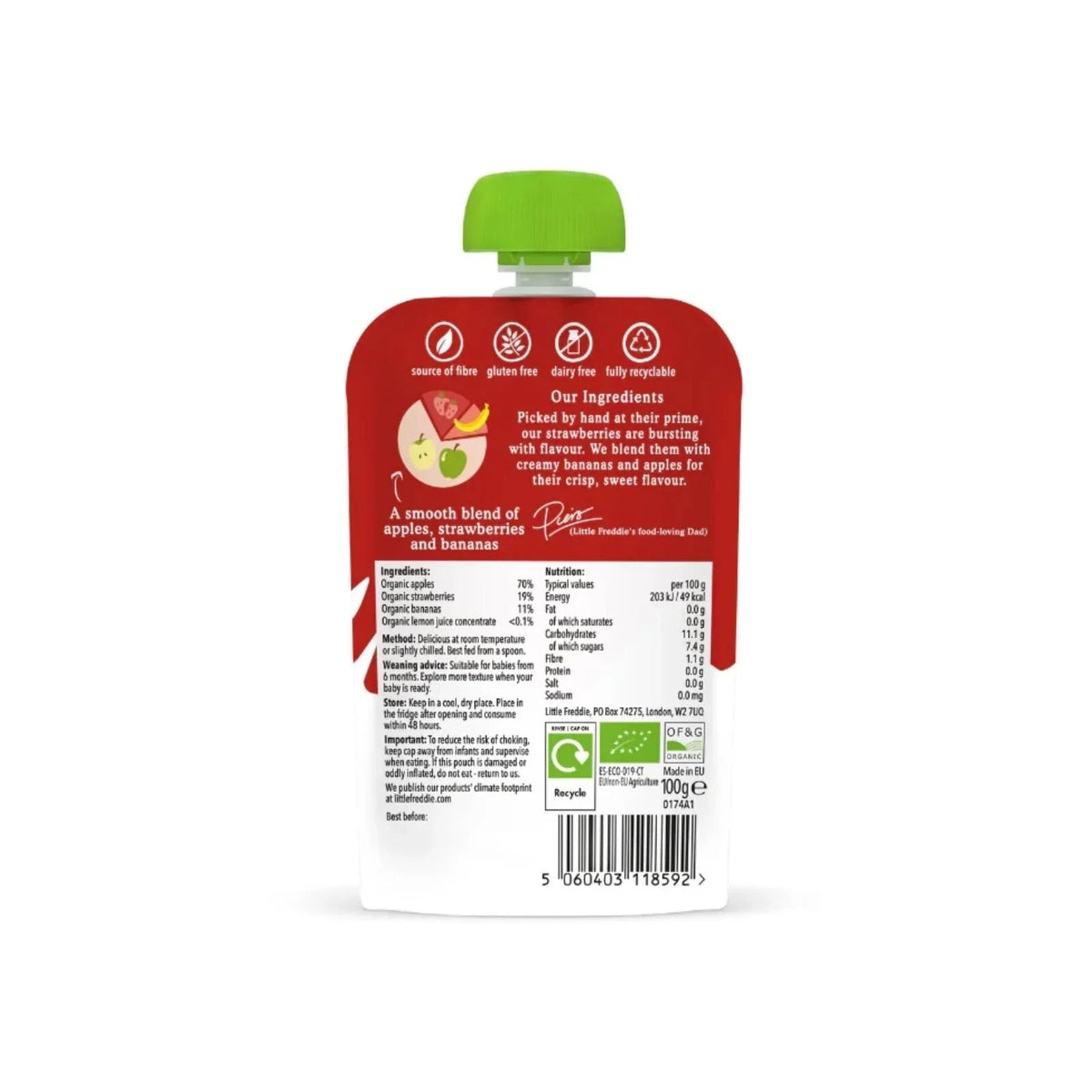Little Freddie Organic Good for Brains Strawberries Bananas & Apples Baby Food Pouch with Omega 3 6+ months 100g | Luxury Home Accessories | Heulog Glow
