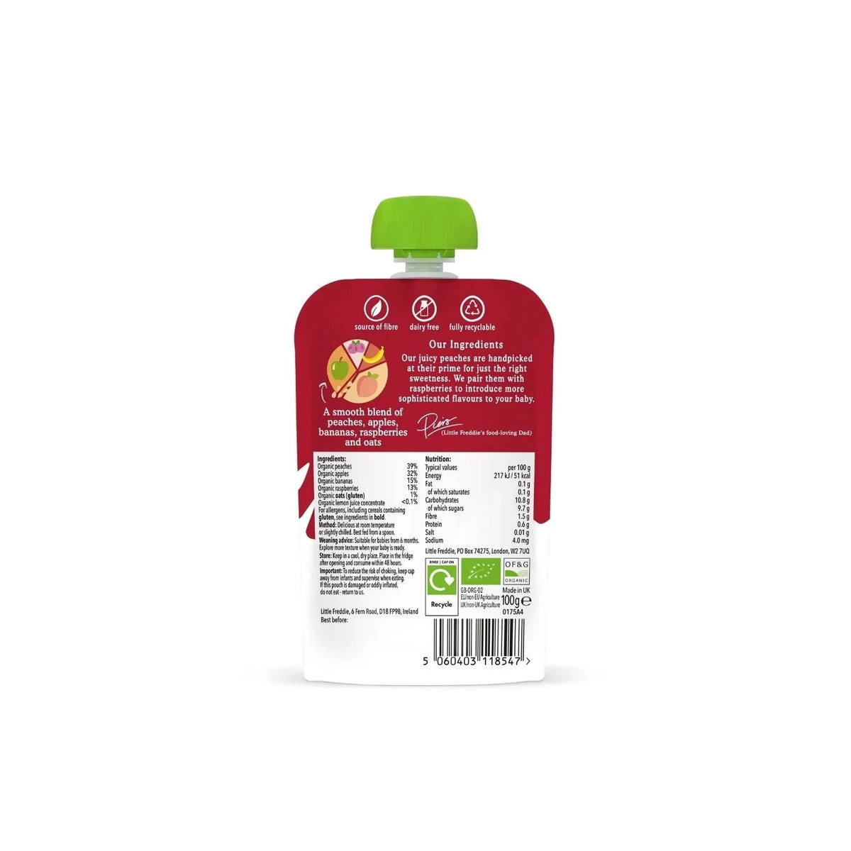 Little Freddie Organic Peaches & Raspberries Baby Food Pouch 6+ months 100g | Luxury Home Accessories | Heulog Glow