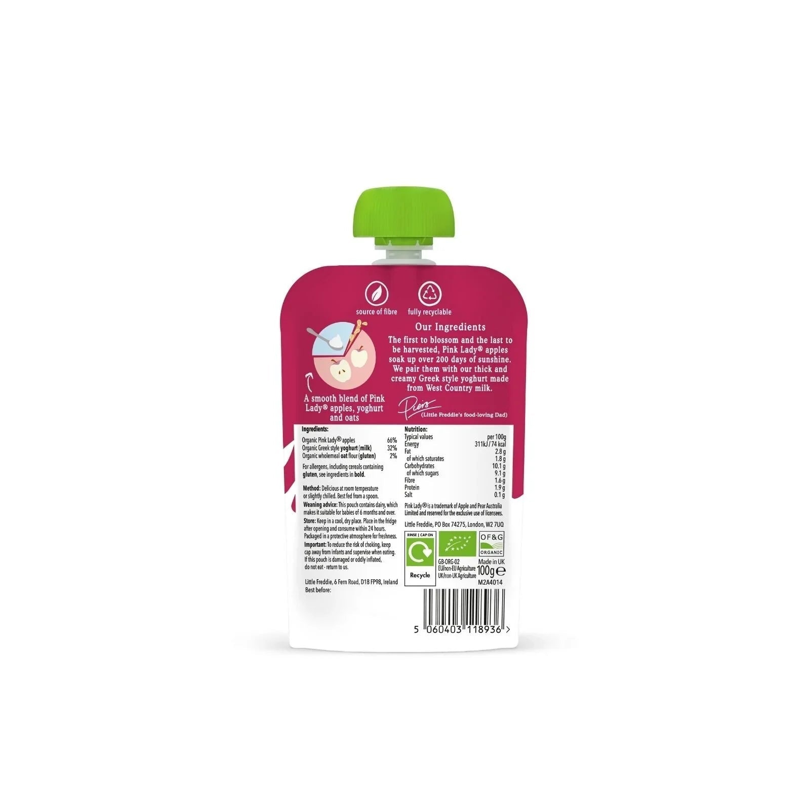 Little Freddie Organic Pink Lady Apple Greek Style Yoghurt Baby Food Pouch 6+ months 100g | Luxury Home Accessories | Heulog Glow