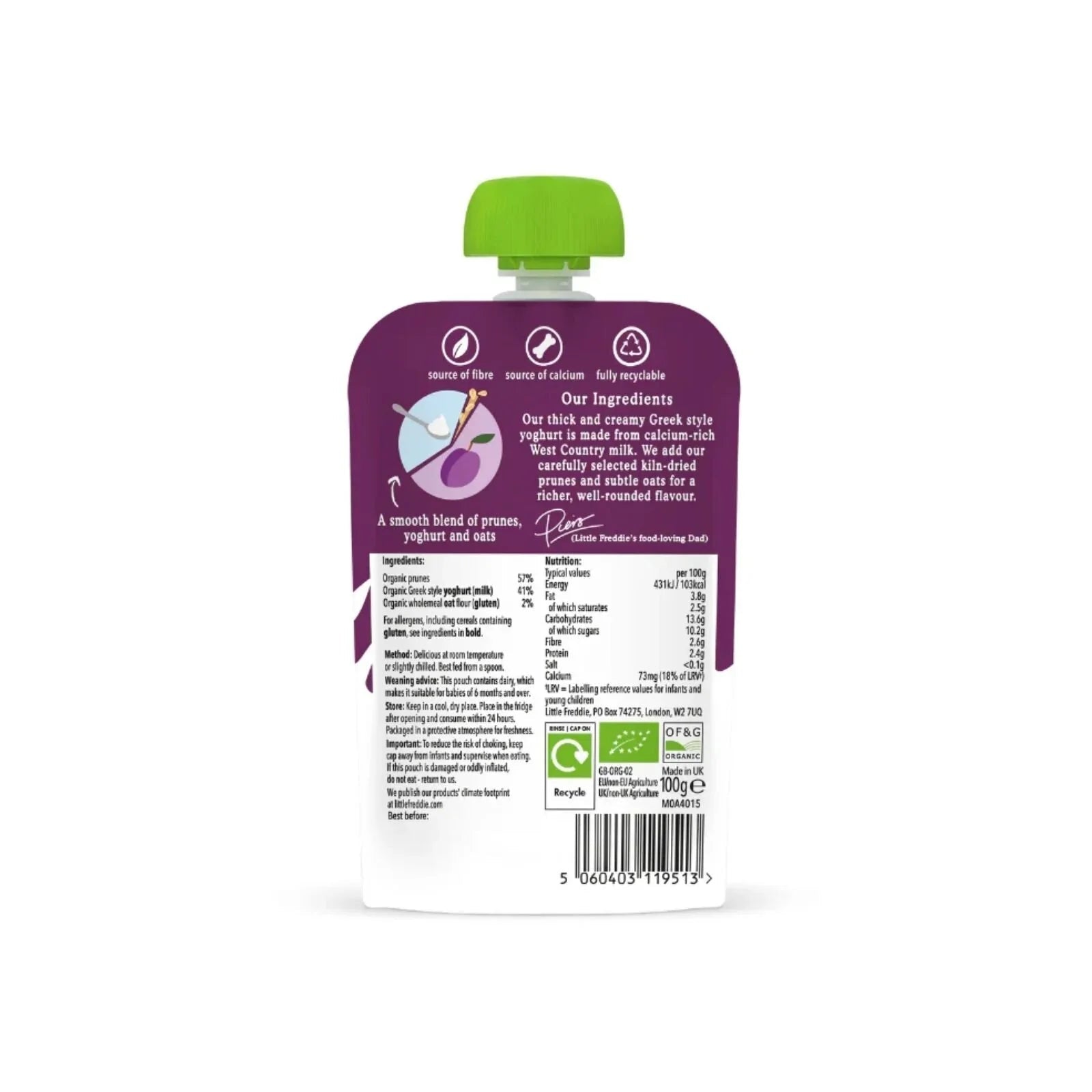 Little Freddie Organic Prune Greek Style Yoghurt with Oats Baby Food Pouch 6+ months 100g | Luxury Home Accessories | Heulog Glow