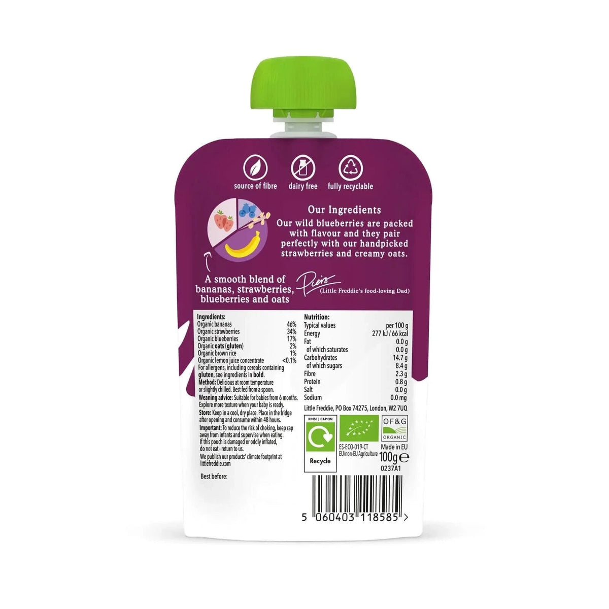 Little Freddie Organic Strawberries Blueberries & Oats Baby Food Pouch 6+ months 100g | Luxury Home Accessories | Heulog Glow