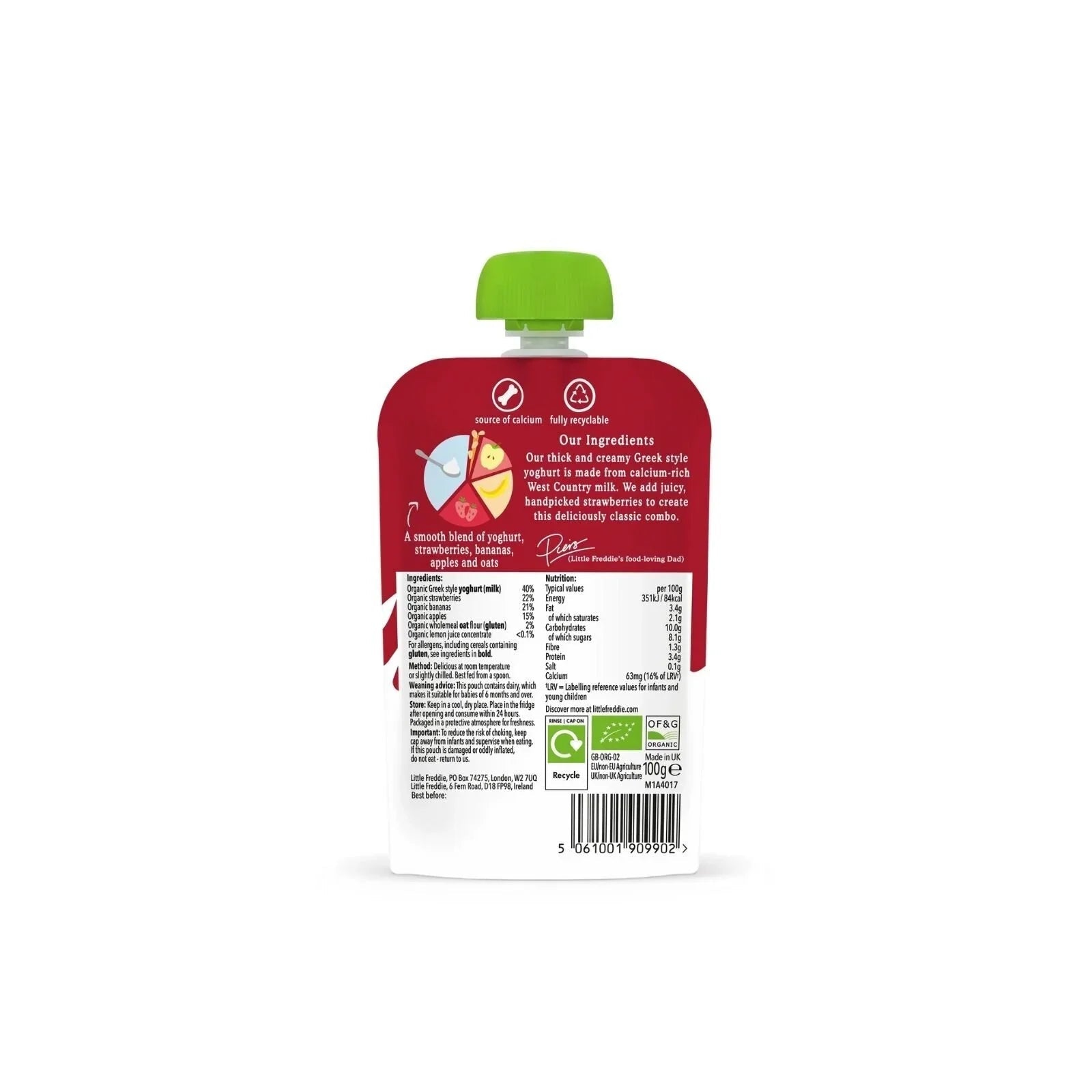 Little Freddie Organic Strawberry & Banana Greek Style Yoghurt Baby Food Pouch 6+ months 90g | Luxury Home Accessories | Heulog Glow