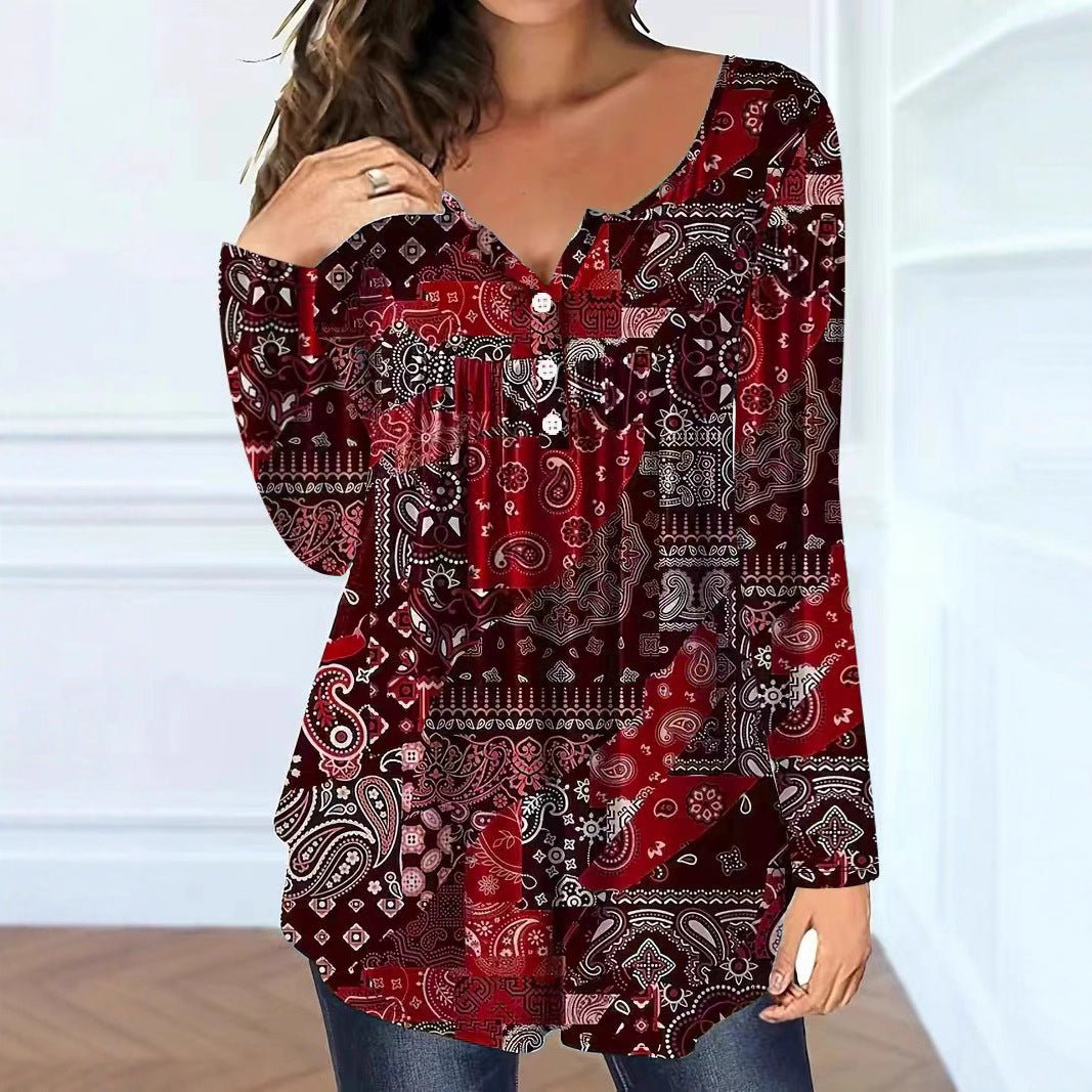 Loose-fit Buttoned V-neck Top Women's T-shirt | Luxury Home Accessories | Heulog Glow