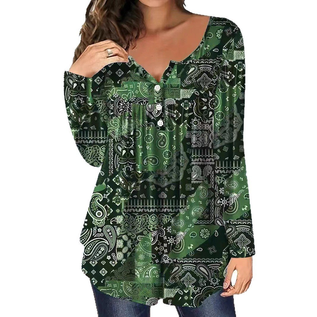 Loose-fit Buttoned V-neck Top Women's T-shirt | Luxury Home Accessories | Heulog Glow