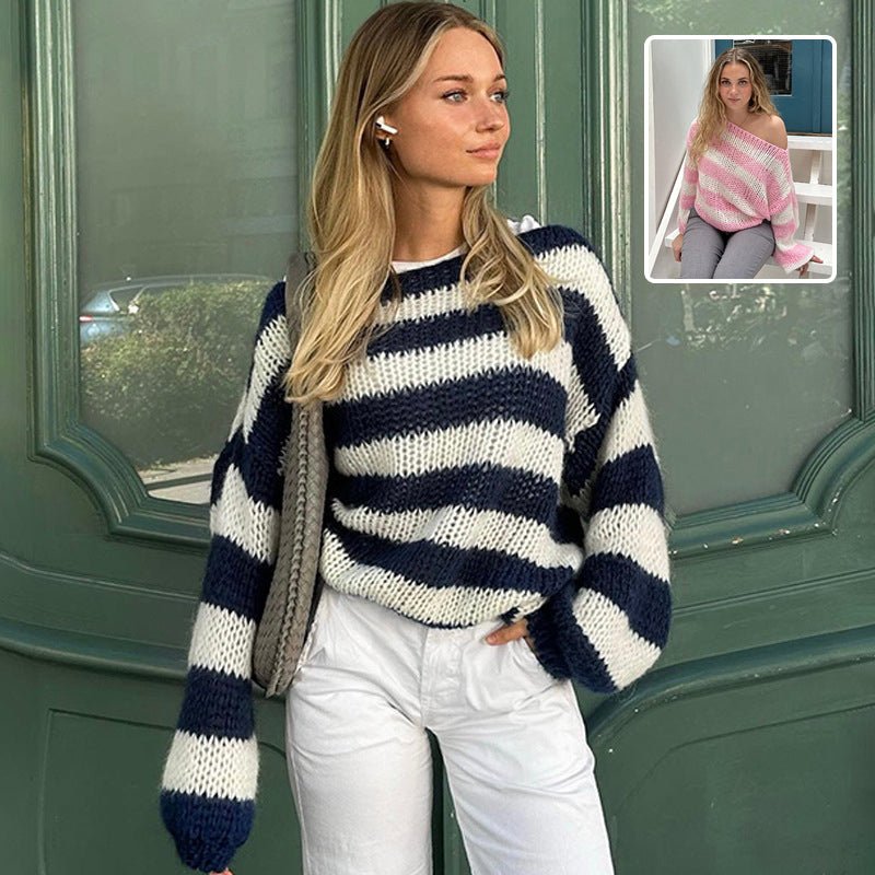Loose Striped Pullover Sweater Fashion Versatile Long-sleeved Knitted Tops For Women Clothing | Luxury Home Accessories | Heulog Glow