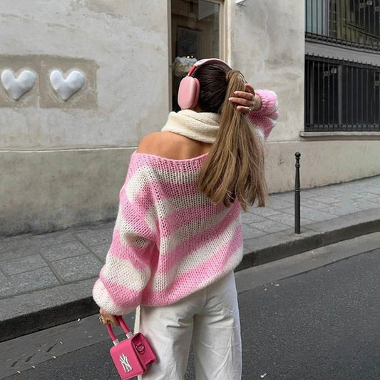Loose Striped Pullover Sweater Fashion Versatile Long-sleeved Knitted Tops For Women Clothing | Luxury Home Accessories | Heulog Glow