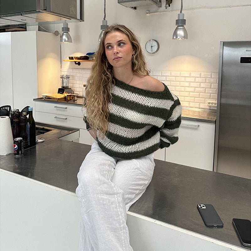 Loose Striped Pullover Sweater Fashion Versatile Long-sleeved Knitted Tops For Women Clothing | Luxury Home Accessories | Heulog Glow