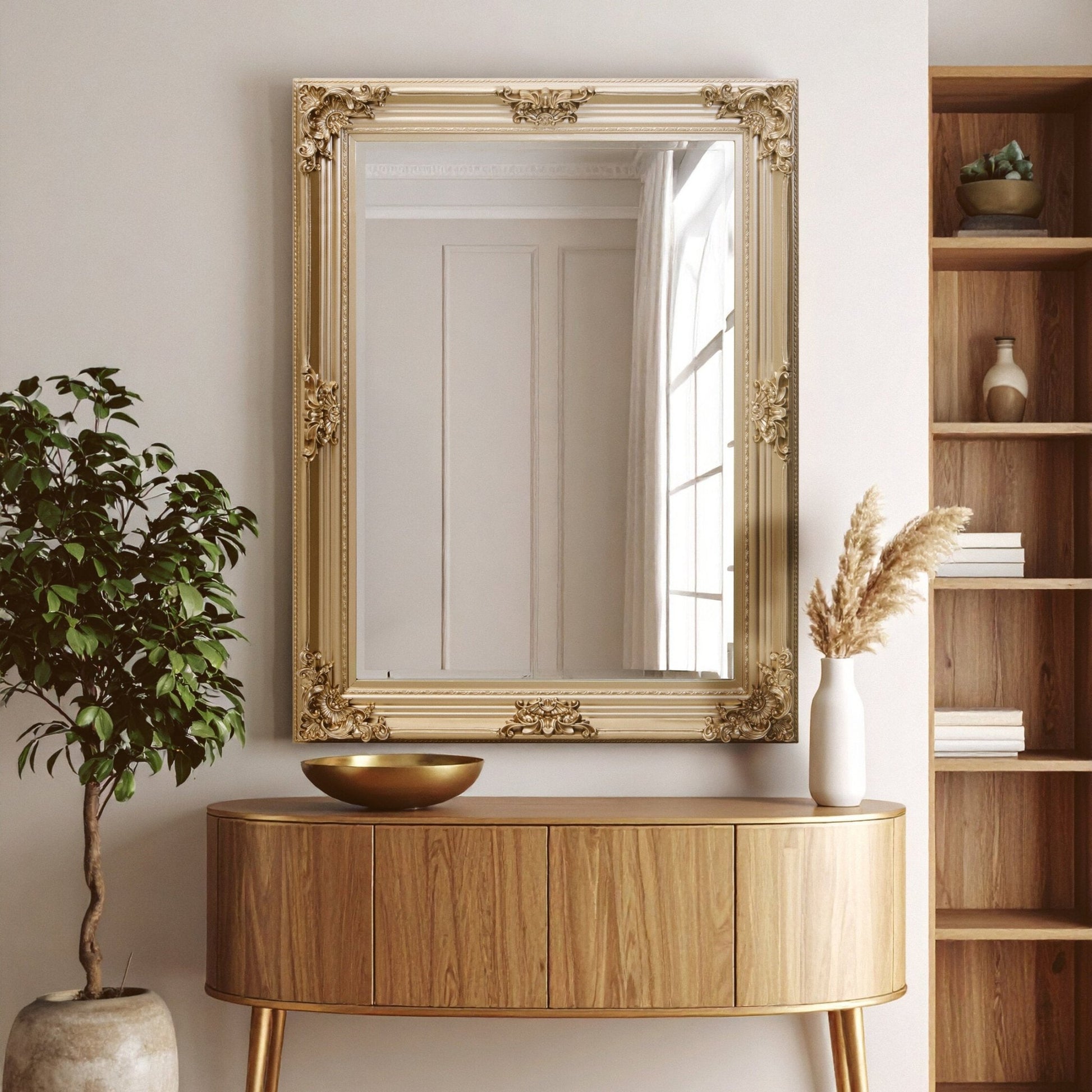 Lora Gold Finish Wooden Frame Wall Mirror | Luxury Home Accessories | Heulog Glow