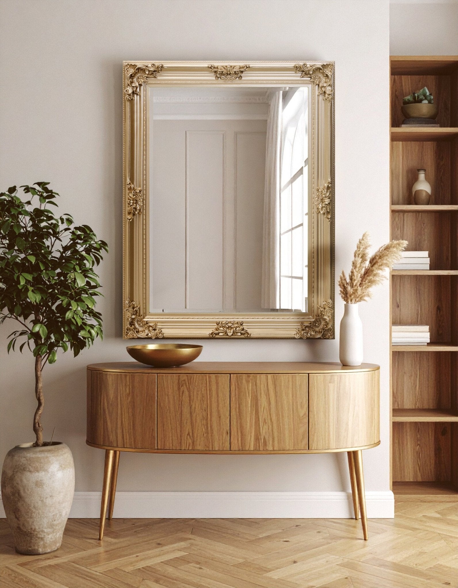 Lora Gold Finish Wooden Frame Wall Mirror | Luxury Home Accessories | Heulog Glow