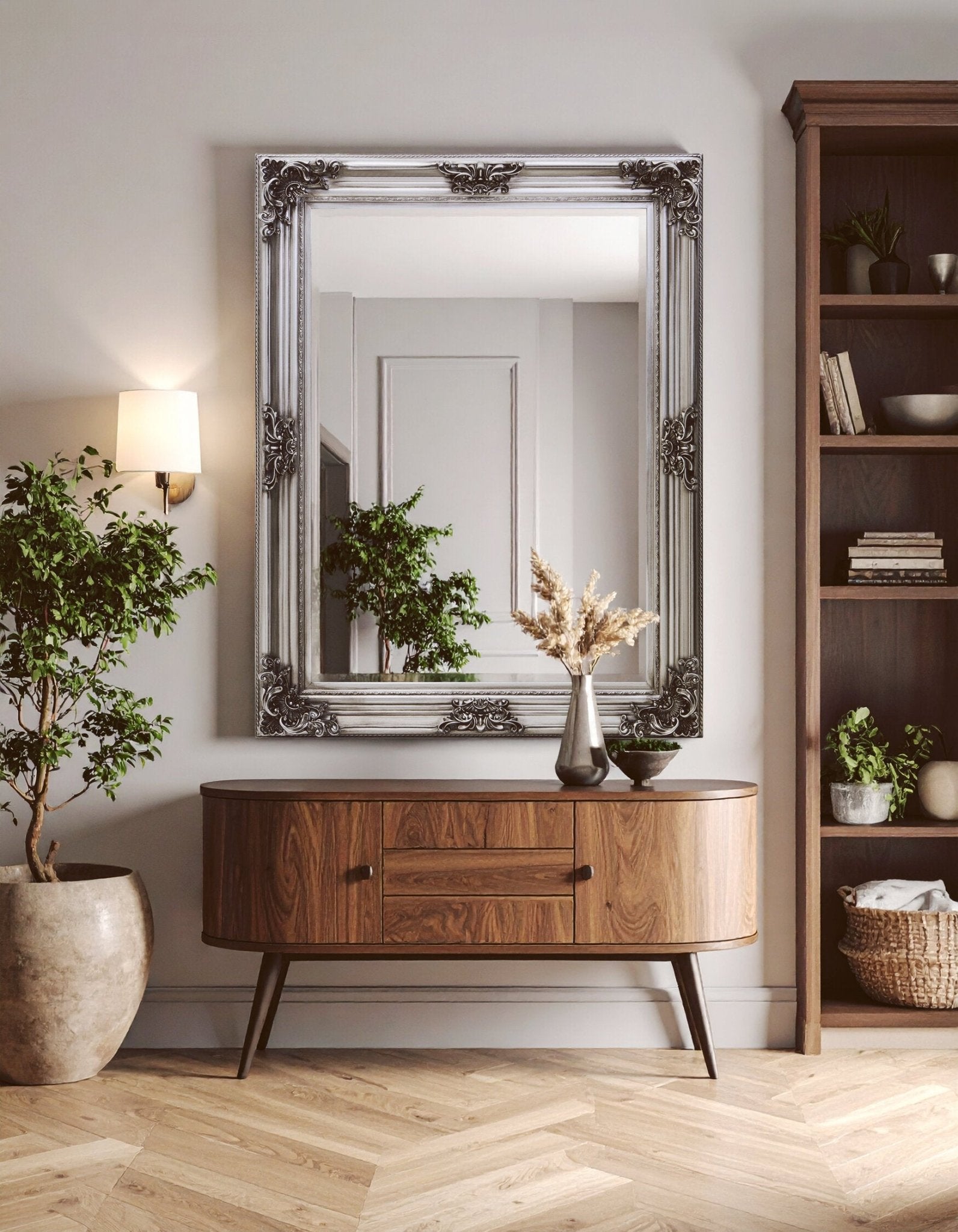 Lora Silver Wooden Frame Wall Mirror | Luxury Home Accessories | Heulog Glow