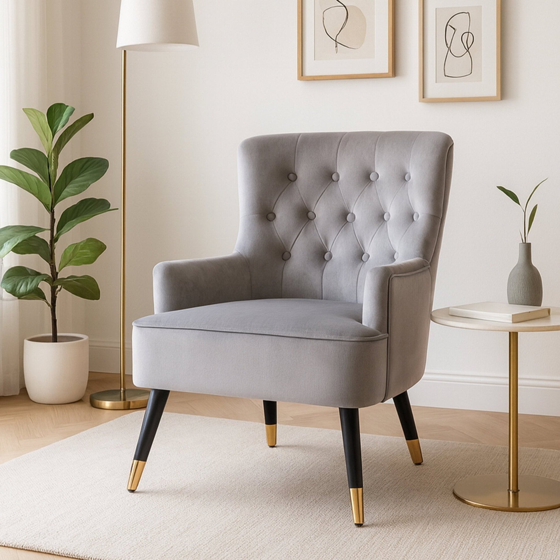 Loretta Grey Velvet Tufted Chair | Luxury Home Accessories | Heulog Glow
