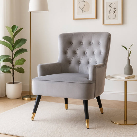 Loretta Grey Velvet Tufted Chair | Luxury Home Accessories | Heulog Glow