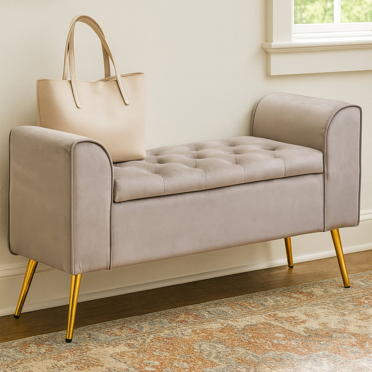 Loretta Mink Velvet Ottoman Storage Bench | Luxury Home Accessories | Heulog Glow