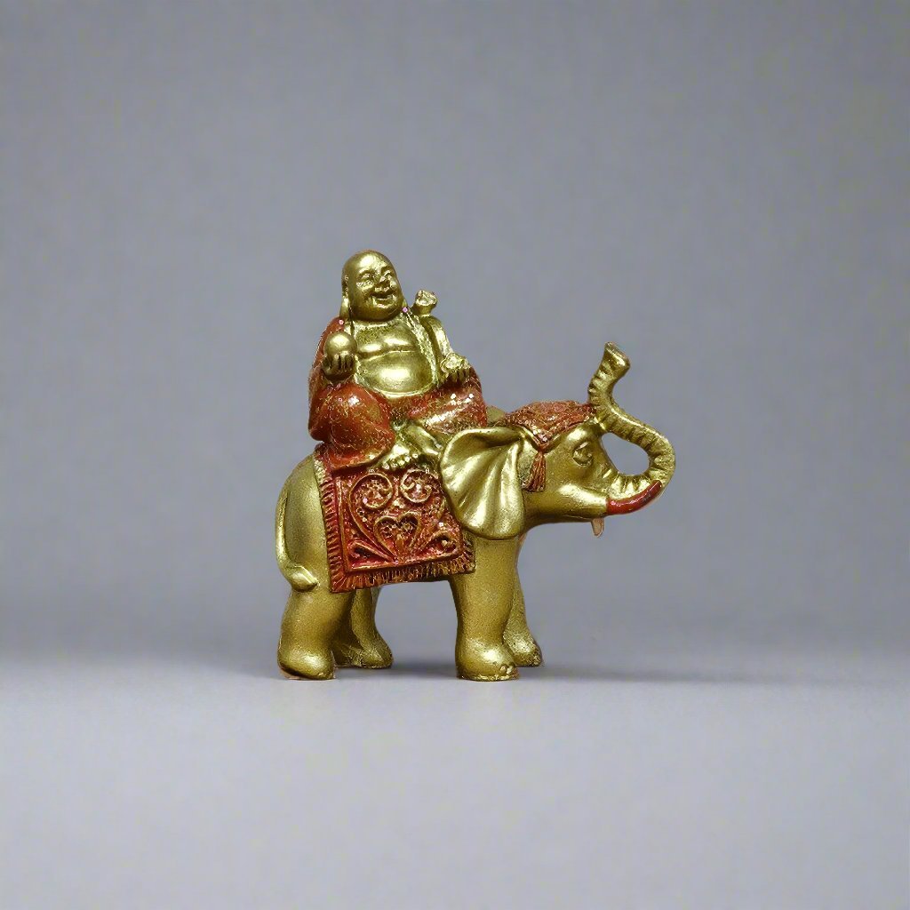 Lucky Buddha On Elephant | Brushed Wood Effect Resin Figurine | Luxury Home Accessories | Heulog Glow