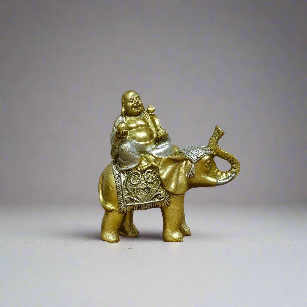 Lucky Buddha On Elephant | Brushed Wood Effect Resin Figurine | Luxury Home Accessories | Heulog Glow