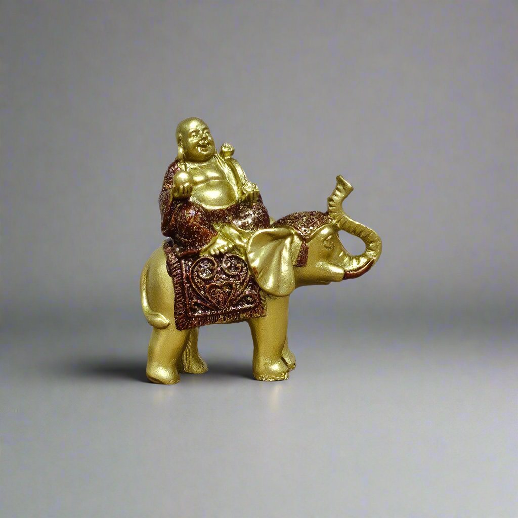 Lucky Buddha On Elephant | Brushed Wood Effect Resin Figurine | Luxury Home Accessories | Heulog Glow
