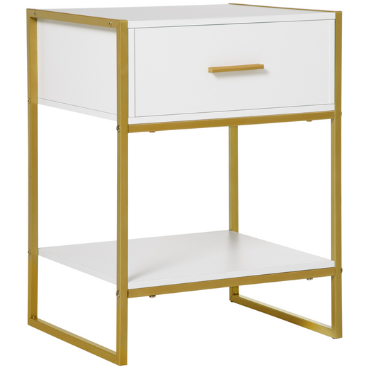 Modern Bedside Table Side Table Nightstand w/ Drawer Shelf White Gold