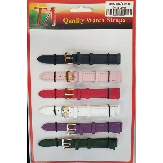 Leather Extra Long Watch Straps Pk6 Assorted colours 1055C.14mm