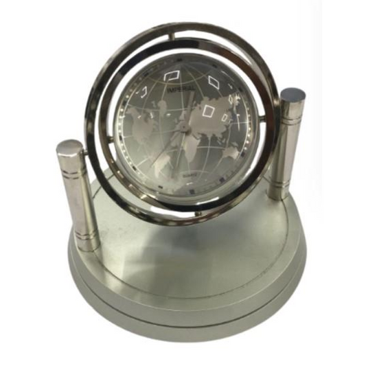 Miniature Clock Globe with Display Photo or Logo Silvertone Plated Solid Brass IMP422-AL - CLEARANCE NEEDS RE-BATTERY