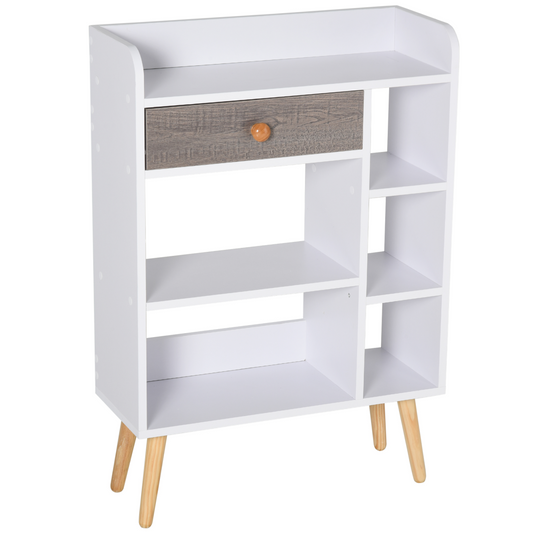Multi-Shelf Bookcase Freestanding Storage Drawer Shelves Wood Leg White