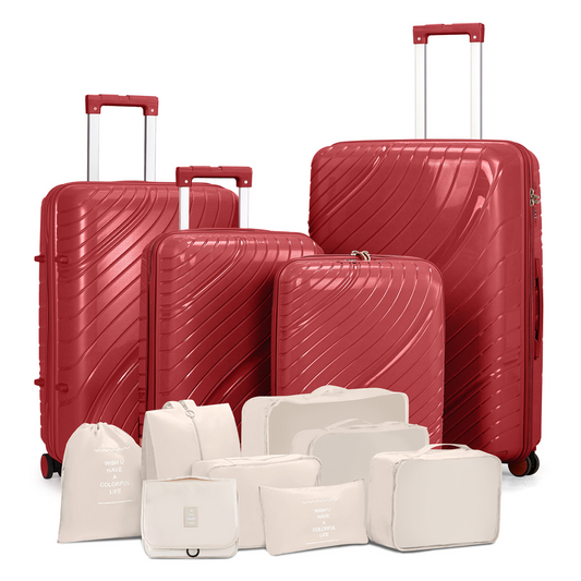 4-Piece Luggage Set with 2 Handbags & 8-Piece Toiletry Kit – Durable PP Suitcase (18in/20in/24in/28in) + 30L Travel Tote + 3L Crossbody Wash Bag – Iron Telescopic Handle – Red