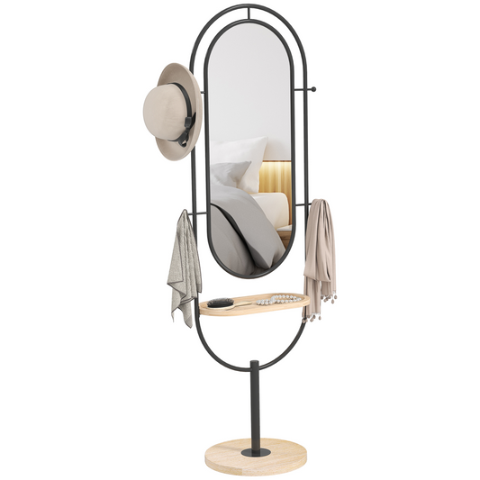 HOMCOM Full Length Mirror, Free Standing Mirror with Tray and Hooks, Black