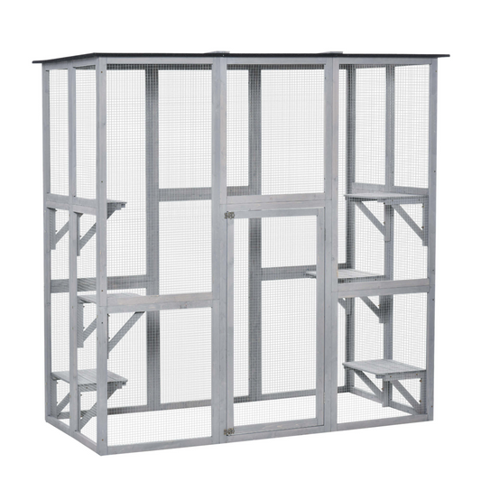 PawHut Wooden Cat House with Platforms, Cat Cage for Multiple Kittens