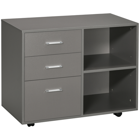 Freestanding Storage Cabinet w/ 3 Drawers 2 Shelves 4 Wheels Office Home Grey