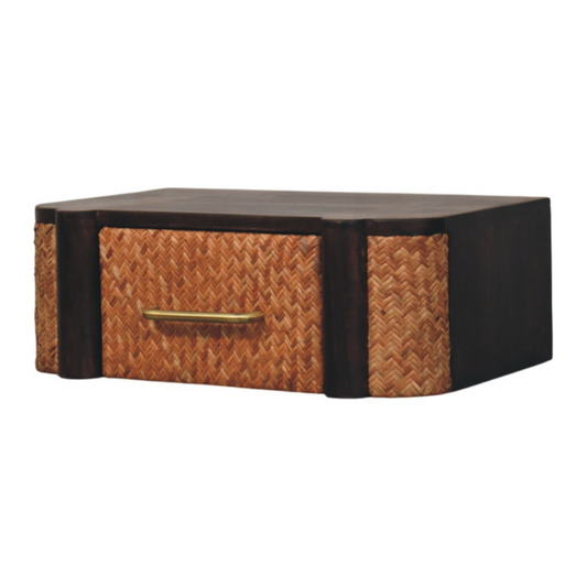 Artisan Furniture Solid Wood Rattan Curve Wall-Mounted Drawer, Dark Brown