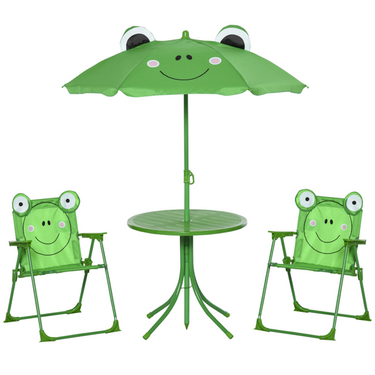 Foldable Patio Kids Metal Picnic Table w/ Frog Umbrella Green 4-piece