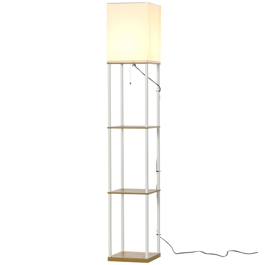 HOMCOM Modern Floor Lamp with Shelves and Fabric Lampshade for Living Room