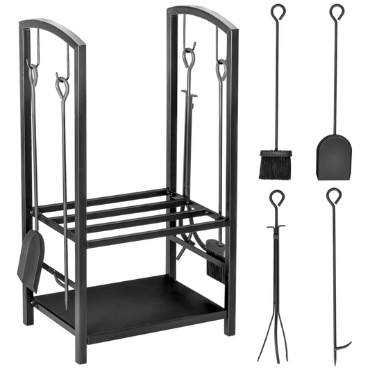 Indoor Outdoor Firewood Rack Log Holder Wood Storage with Hooks 4 Tools Black