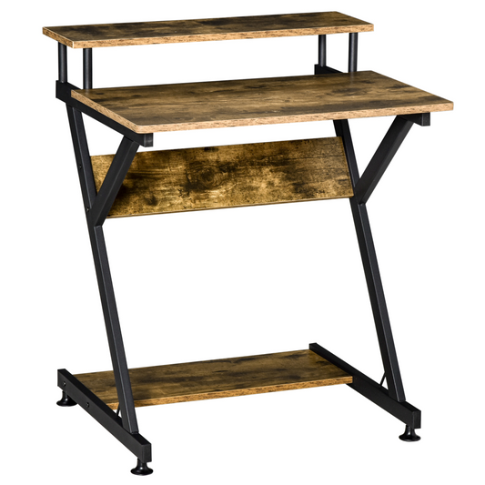 Computer Desk with Monitor Shelf and Storage, R Shaped Brown
