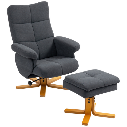 HOMCOM Linen Recliner Chair and Footstool Wooden Base Grey